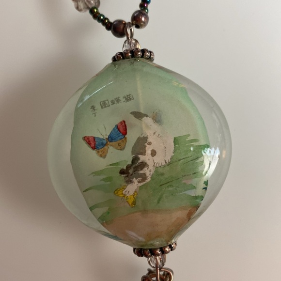 Green glass beaded necklace with large pendant - Picture 3 of 6